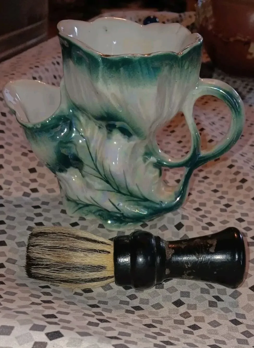 Unique Antique Sea Foam Shaving Scuttle And Foaming Brush